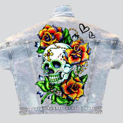 Light-wash skull print women jean jacket