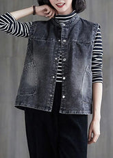 Loose Black Grey Colour O-Neck Patchwork Button Pockets Denim Waistcoat Sleeveless
