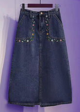 Loose Blue Embroideried Pockets Patchwork Denim Skirt