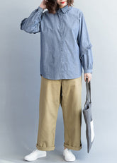 Loose cotton tops plus size Turn-down Collar Sleeve light denim blue short shirts