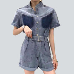 Mandarin collar denim overall shorts