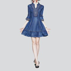 Mini flare embroidered denim dress