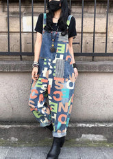 Modern Blue Letter Print Patchwork Denim Wide Leg Jumpsuits