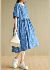 Modern Denim Blue O-Neck Print Cotton Dress Short Sleeve