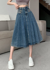 Modern Navy High Waist Zip Up Denim Pleated Skirt