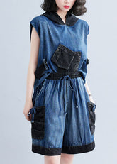 Conjunto de dos piezas de mezclilla con capucha, bolsillos, top y pantalones en azul marino moderno