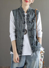 Natural Blue Stand Collar Pockets Patchwork Denim Waistcoat Sleeveless