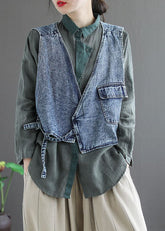 Natural Blue pockets tie waist Asymmetrical denim vest