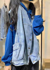 Ropa de algodón natural sin mangas para camisas camisas de mezclilla azul cuello en v otoño