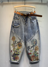 Pantalones vaqueros de algodón con estampado de bolsillos azules novedosos, cintura elástica y cuentas de uñas, otoño