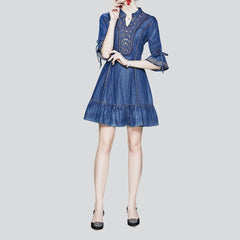 Mini flare embroidered denim dress