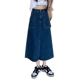 Patched pockets long denim skirt