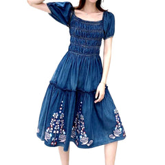 Pleated embroidered midi denim dress