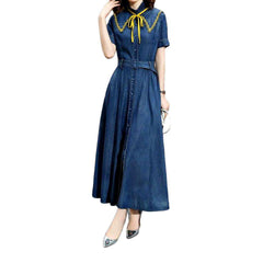 Drawstring neckline long denim dress