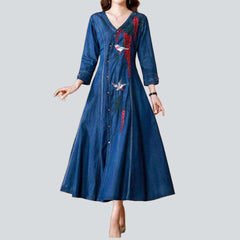 Embroidered v-neck ladies denim dress
