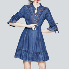 Mini flare embroidered denim dress