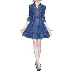 Mini flare embroidered denim dress