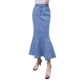 Falda vaquera larga de sirena con tiro alto