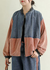 Orange Pockets Patchwork Corduroy Denim Jacket Zip Up