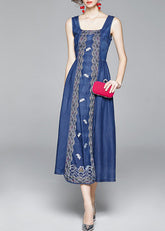 Organic Blue Cinched Embroideried zippered Spaghetti Strap Cotton Denim Dress