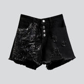 Bemalte, dunkle Distressed-Jeansshorts