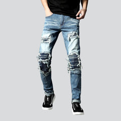 Patchwork knees men biker jeans