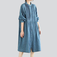 Pleated chest midi denim dress