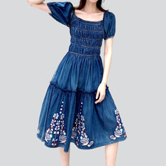 Pleated embroidered midi denim dress