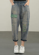 Plus Size Blue Elastic Waist Hole Denim Pants