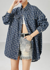 Plus Size Blau Oversized Print Denim Mantel Outwear Herbst