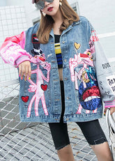 Plus Size Blau Peter Pan Kragen Rosa Leopardenmuster Patchwork Pailletten Knopf Jeansmantel Langarm