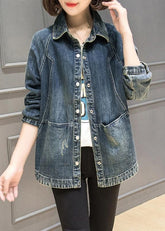 Plus Size Blau Peter Pan Kragen Taschen Patchwork Denim Mäntel Herbst