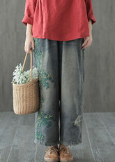 Plus Size Blue hole Embroideried denim Cotton wide leg Pants