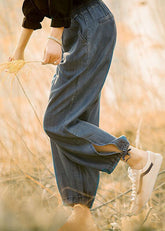 Pantalones de mezclilla azul de talla grande con cintura elástica y cordón ajustable de algodón