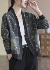 Graue Baumwoll-Jeansmäntel mit V-Ausschnitt und Print in Übergröße