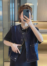 Chalecos vaqueros de algodón con bolsillos y cuello redondo azul marino, sin mangas, de talla grande