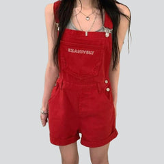 Red denim romper for women