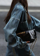 Abrigo vaquero retro azul de cuello Peter Pan con botones y patchwork de manga larga