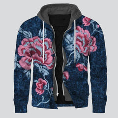 Jeansjacke mit Kapuze und Rosenprint