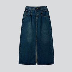 Round pocket long denim skirt