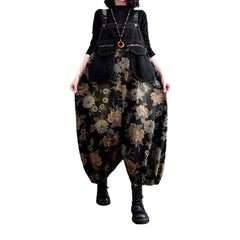 Flower print black denim jumpsuit