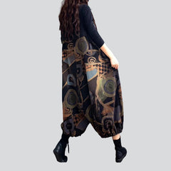 Trendy print black denim dungaree