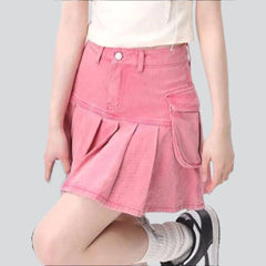 Pink pleated cargo denim skirt
