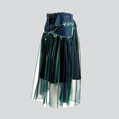 Distressed pleated denim skirt