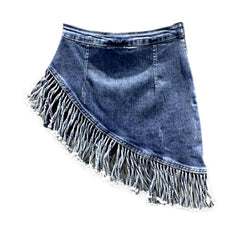 Fringe hem mini denim skort