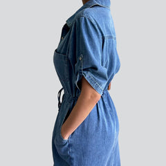 Thin denim dress with drawstrings