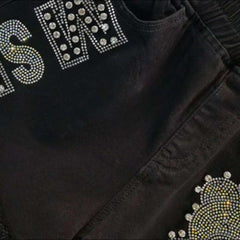 Schwarze Teddy-Jeansshorts mit Strass
