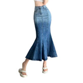 Blauer Jeansrock im Meerjungfrauen-Stil mit Kontrast