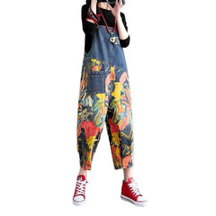 Painted patchwork women denim jumpsuit