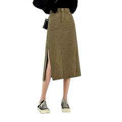 Falda vaquera color caqui con abertura lateral